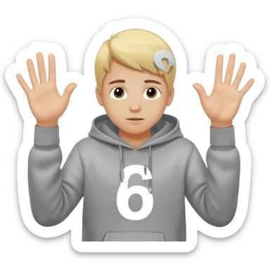 a white kid blone hair with a grey hoodie and his above his hands saying 67 one 6 on 1 hand 7 on the other sticker