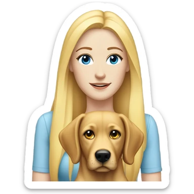 white woman with freckles, blue eyes and long blonde hair alongside a yellow-lab dog sticker