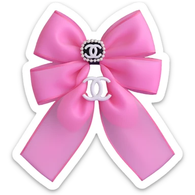 Change the double-layered tulle bow to pink, keep pearls and black Chanel logo, elegant, glossy, black and white, 3D emoji style, with no background sticker