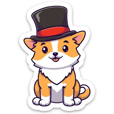 cute small dog with plain light tan fur, black nose, black round eyes, curly fluffy medium length hair, wearing a top hat sticker