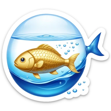 Golden omega-3 capsule floating in blue liquid currents, with an ethereal fish gently spinning around a radiant brain. Blue water waves expand from the brain, promoting mental clarity, emotional calm, and cardiovascular fluidity. sticker