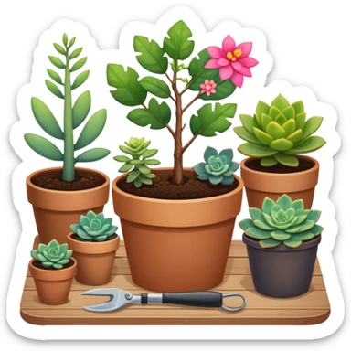 Close-up of a potted sapling with vibrant flowering plants around it, in rich soil. Sunlight filters through the window, casting soft shadows. Cozy indoor garden with blooming flowers, succulents, and gardening tools placed neatly on a wooden table. sticker