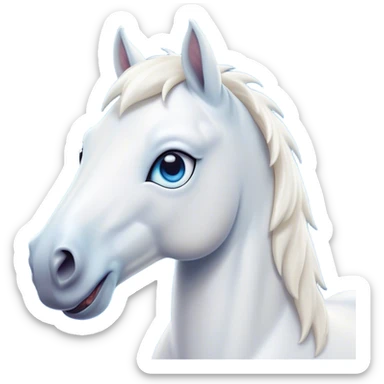 Cinematic Comical White Horse Portrait Emoji, Head tilted dramatically with an exaggeratedly amused expression, featuring a striking white fur with a glossy finish and wide, expressive blue eyes filled with playful disbelief, Simplified yet hilariously expressive features, highly detailed, glowing with a slightly sassy glow, high shine, dramatic yet playful, stylized with an air of cheeky mischief, bright and endearing, soft glowing outline, capturing the essence of a spirited and over-the-top horse, so meme-worthy it feels like it could side-eye its way into internet fame instantly! sticker