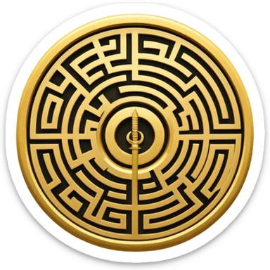 A vertical sword in the center of a circular maze, inside of which is embedded a thin astrolabe. The lines are strict, geometric, and symmetrical. The material is a dark metal (antimonium). The style is a minimalistic alchemical sign. sticker