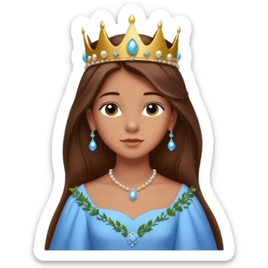 a 12 year old girl with shinny long brown hair and pretty green eyes that have long dark eye lashes wearing a sky blue gown in a beautiful forest with adorable animals and stunning roses and lilacs surrounding her as she smells the only sky blue rose she is also wearing a crown that has pearls sticker
