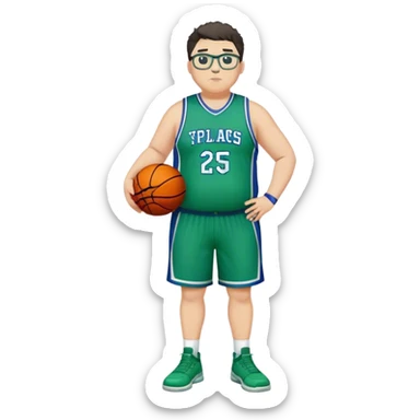 Full Body overweight white male with dark short spike hair basketball player wearing glasses wearing blue and green uniform sticker