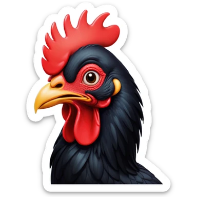 Cinematic Comical Black Rooster Portrait Emoji, Head tilted dramatically with an exaggeratedly shocked or amused expression, featuring a striking pure black plumage with a bold red comb, wide, expressive eyes filled with playful disbelief, Simplified yet hilariously expressive features, highly detailed, glowing with a slightly sassy glow, high shine, dramatic yet playful, stylized with an air of cheeky mischief, bright and endearing, soft glowing outline, capturing the essence of a spirited and over-the-top rooster, so meme-worthy it feels like it could crow its way into internet fame instantly! sticker