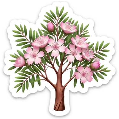 Cinematic Realistic Melaleuca Emoji, Elegant and resilient, with peeling, papery bark and delicate, needle-like leaves. The tree stands tall and graceful, with clusters of white and pink flowers dotting the branches. Soft glowing outline, capturing the essence of natural elegance and resilience in a beautiful melaleuca tree! sticker