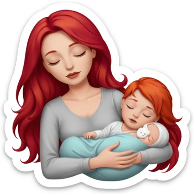 White woman with long red hair and makeup holding one sleeping baby sticker