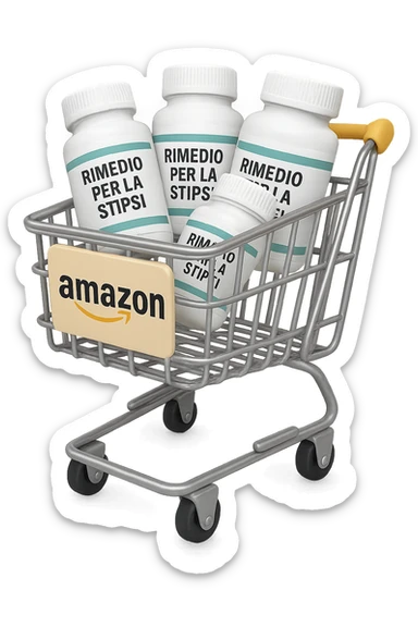 emoji stile iphone di un carrello per la spesa con l'icona di amazon stampata sopra, dentro al carretto ci sono varie boccette di integratori con la scritta "RIMEDIO PER LA STIPSI", iperrealistico 4k sticker