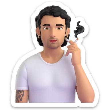Italian man with tanned skin, curly black hair in short bob style, stubble, olive eyes, gold earring in left ear, white t-shirt, black tattoo on forearm, smoking cigarette sticker