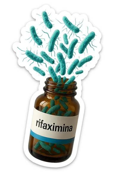 barattolo di medicinale con la scritta "rifaximina" sull'etichetta fluttua in aria, da dentro al barattolo escono batteri intestinali turchesi, iperrealistico 4k sticker