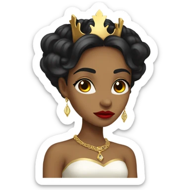 Queen with olive skin, long black hair, bright red lips, skinny gold crown, white dress, and evil stare.  sticker