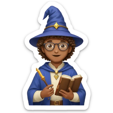 A Joyful Teen Male with Brown skin and Curly hair, wearing a Traditional outfit, a Wizard hat, Sunglasses, carrying a Spellbook, working as a farmer, while drinking Coffee and reading a Textbook. sticker