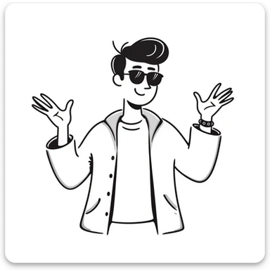 A 30-year-old Latino male with a piercing in one ear, wearing sunglasses, with short David Beckham style haircut, shrugging his shoulders with raised hands in a carefree "whatever, I'm good" gesture. He's smiling confidently while wearing a t-shirt with a light jacket sticker