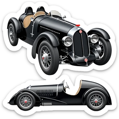  Darth Vader Fenderless extended-wheelbase 1936 luxury racing Bugatti lowered powerful 4 cylinder engined racing car featuring advanced rugged 4 wheel independent suspension, power steering, disc brakes, small leather covered steering wheel, side mounted exhaust  sticker