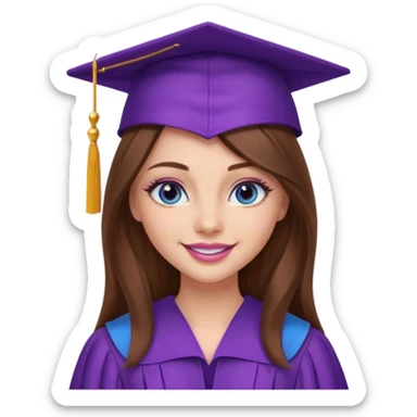 girl with gorgeous long brown hair, blue eyes, long lashes makeup, sexy pink lips, wearing a purple graduation cap and gown sticker