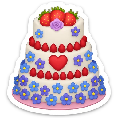 Replace the pink and white flowers with blue and purple flowers on the white wedding cake with strawberries and heart topper. The style should resemble emoji style with no background. sticker