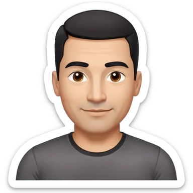 Athletic Hispanic man in his 40s-50s with light brown skin, very short black hair with low fade haircut, square face with strong jawline, thick straight eyebrows, wide straight nose, medium lips with confident smile, broad shoulders, wearing black fitted t-shirt sticker