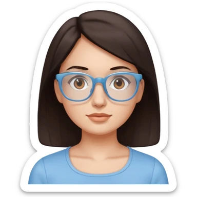 mujer de 30 años, cabello marron oscuro, anteojos cuadrados BLANCOS, top celeste escote cuadrado, piel blanca, cara redonda sticker