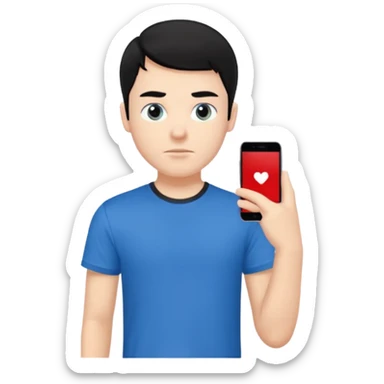 the bust of a white boy, black haired with a blue T-shirt sticker