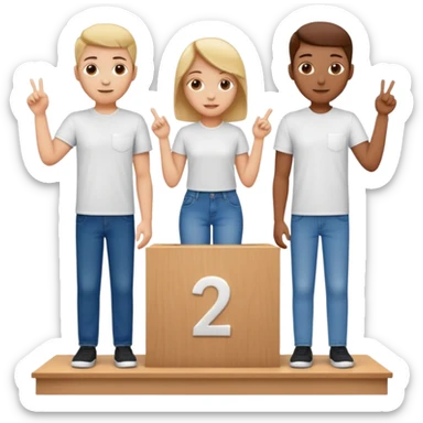 show people on podium in first, second and third place.  The podium should be labled 2, 1, 3.  The middle position should only have the number 1.  the people should be dressed in relaxed clothes like jeans and t-shirts sticker