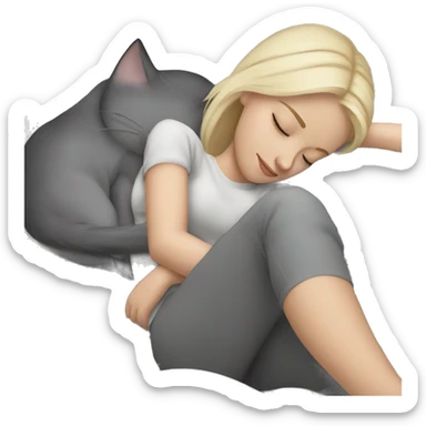 sleeping girl blonde hair laying on her side next to sleeping grey cat  sticker