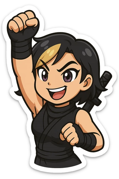 Edit this exact chibi ninja girl to punch the air with her arm throwing a punch upward in a dynamic motion. Keep the same anime chibi style, face, outfit, and colors. Transparent background, sized for Twitch emoji use. sticker