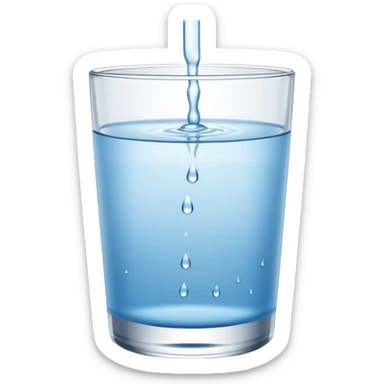 “A clear glass filled with clean drinking water, small water droplets on the outside, placed on a white table, minimal and fresh look” sticker
