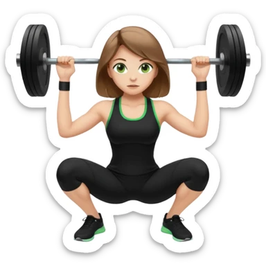 Beautiful woman with light brown shoulder length hair popping a squat without any weights. Make her with a little lighter, brown hair and green eyes. Make her fair skinned and wearing a black workout suit. sticker