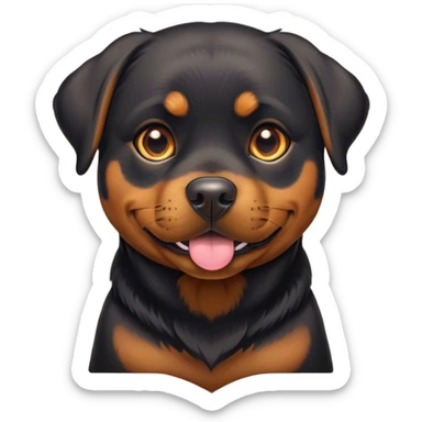 Cinematic Cute Rottweiler Portrait Emoji, Head tilted playfully and inquisitively, featuring a glossy black coat with distinct tan accents, round, sparkling brown eyes filled with curiosity, Simplified yet irresistibly adorable features, highly detailed, glowing with a warm, friendly glow, high shine, affectionate and lively, stylized with a touch of whimsy, bright and endearing, soft glowing outline, capturing the essence of a mischievous yet loving companion, so playful it feels like it could bound out of the screen and into your arms! sticker