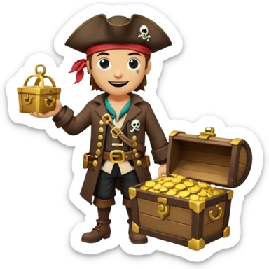A 3D cartoon pirate character with one eye covered by a black eye patch, holding a treasure chest filled with gold coins and jewels, standing on sandy ground, wearing a pirate hat and coat, warm sunset lighting, realistic Memoji-style rendering. sticker