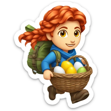 red hair female winter mountaineer climbing with Easter eggsbasket and Greek flag sticker