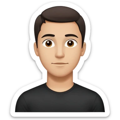 Young man with light brown skin, elongated face, defined jawline, medium dark eyes, arched eyebrows, straight nose, friendly expression, short dark hair styled upward, athletic build, wearing a fitted black t-shirt sticker