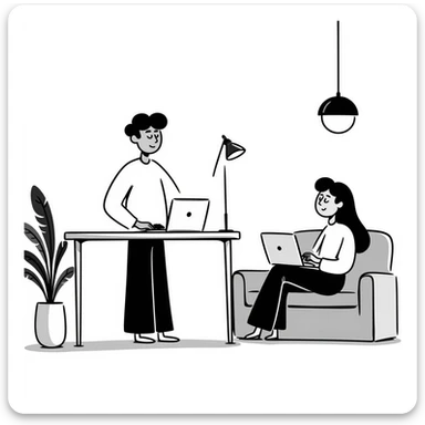 escenary 3d of a cozy mid-century living room with two people working on laptops, one man standing at a desk and one woman sitting on a couch, two walls and floor visible sticker