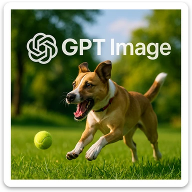  logo of chat gpt with text "GPT Image" on the background of a dog chasing ball, realistic image sticker