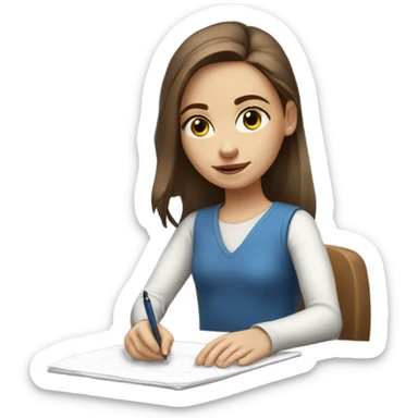 White Smart brown hair girl with blue eyes and light skin doing Homework on a desk writing on a piece of paper  sticker