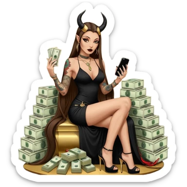 Sensual seductress long brown straight haired sexy drug lord woman with tattoos on arm sleeves and black gold platform high heels on her feet,  and devil black horns on her head, holding a stack of cash, has a phone in other hand. Sitting on gold cases full of drugs, long black dress with sexy slit sticker