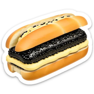 Apple style 3D emoji of a luxurious black caviar sandwich. A thick slice of fresh white baguette with a generous layer of creamy yellow butter, topped with a mountain of glistening, shiny black sturgeon caviar. premium aesthetic. sticker