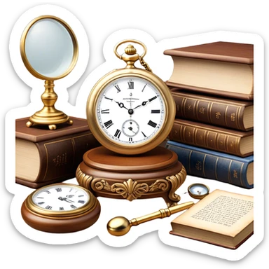 Icon for Antiques Collecting: antique carved  furniture, a vintage pocket watch and a porcelain figurine, all placed on a wooden antique table surrounded by aged books and a magnifying glass. The icon should evoke the elegance and history of antique collecting. Transparent background. sticker