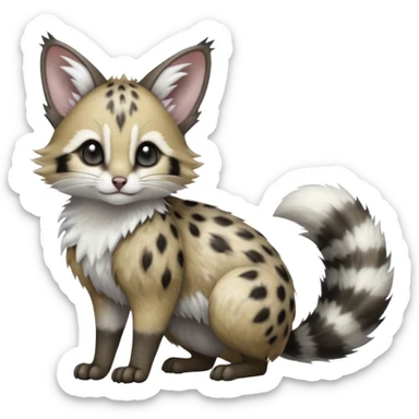 stormcell charcoal fur crackling with silver frost-veins and ghost-dust sheen Hyper-realistic beautiful elegant pretty precious cute  Fakémon-Pokémon-opossum-feline-serval-caracal-chinchilla-Furret-Minccino-hybrid-creature with a big fluffy bushy tail (full body) sticker