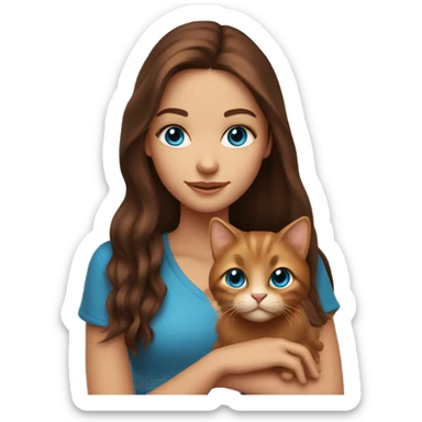 long haired brunette girl with blue eyes holding copper cat sticker