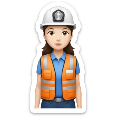 Brunette brown Girl full body standing with her white security helmet and security vest that fits her large on, also with her black backpack. Full body sticker