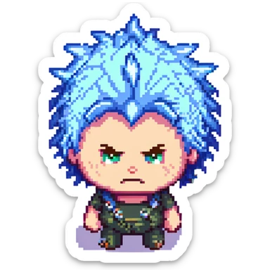 pixel art character with spiky chaotic hair and a grumpy face sticker