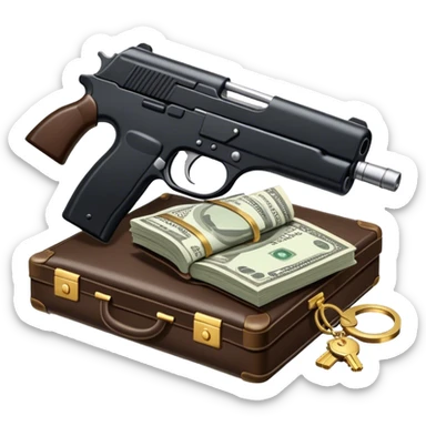 Icon for Action & Crime Reading: open book with text and picture, silhouette of a gun, a bag of money, a police badge. Surrounding elements include a pair of handcuffs, a briefcase and scattered bullet casings. Transparent background. sticker