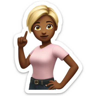 A Roblox girl pointing to her top right. While look at the camera sticker