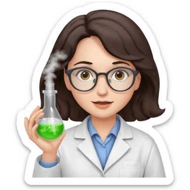 A crazy female scientist, with wavy dark brown hair, brown eyes and grey glasses and pale skin  sticker