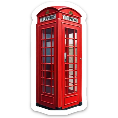 Cinematic Realistic depiction of an iconic red telephone box, rendered in vivid, saturated colors with detailed textures and reflective surfaces, set on a classic English street under soft, diffused daylight sticker