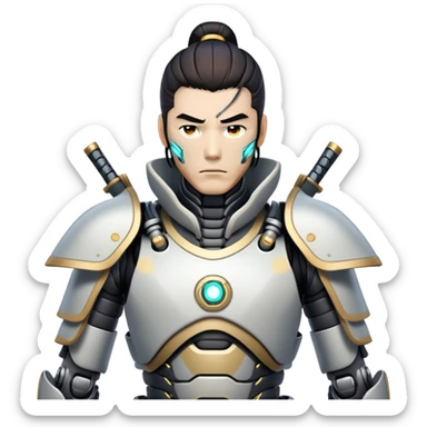cyborg male samurai with robotic limbs and glowing cybernetic enhancements sticker