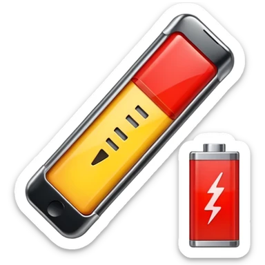 iPhone-style emoji of a battery that is almost empty, with a small red bar at the end indicating low energy. Clean, minimal, glossy look, transparent background. sticker
